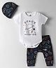 Doodle Poodle Interlock Knit Half Sleeves Onesie With Diaper Leggings And Cap with Space Theme Print - Navy Blue & White
