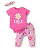 Doodle Poodle Interlock Knit Half Sleeves Onesie With Diaper Leggings And Hair Band With Floral Print - Pink