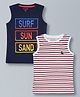 Plum Tree Pure Cotton Pack Of 2 Sleeveless Striped & Surf Sun Sand Text Printed Tees - Navy Blue & White