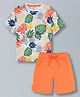 Plum Tree Pure Cotton Half Sleeves Leaves Printed Tee & Shorts Set - Off White & Orange