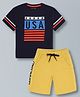 Plum Tree Pure Cotton Half Sleeves USA Text Printed Tee & Shorts Set - Navy Blue & Yellow