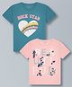 Plum Tree Pure Cotton Pack Of 2 Half Sleeves Beautiful Text & Heart Glitter Printed Tees - Pink & Blue