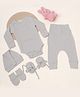 Mom's Home Organic Cotton Full Sleeves Solid Onesie With Joggers Cap Mittens & Booties Set - Grey
