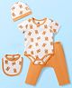 Doodle Poodle 100% Cotton Interlock Knit Half Sleeves Bear Printed Onesie with Diaper Legging Bib & Cap - Orange & White