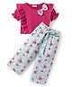CrayonFlakes Cotton Half Puffed Sleeves Bow Applique Detailed Top & Floral Printed Belted Palazzo Set - Pink