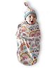 Polka Tots Cotton Newborn Premium Quality Weft Knitted Cotton Swaddle Wrap With Cap | Soft, Breathable & Cozy Fit  Rainbow Print (06 Months, White & Blue)