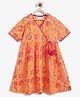 Campana 100% Cotton Half Sleeves Seamless Floral Printed Angrakha Style Kurta - Orange & Magenta