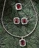 ZENEME Rhodium-Plated AD Studded Princess Cut Crytsal Necklace and Earrings With Ring - Red Colour