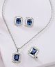ZENEME Rhodium Plated AD Studded Princess Cut Crytsal Necklace & Earrings With Ring - Navy Blue Colour