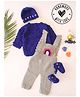 Woonie Hand Knitted Rainbow Designed Dungaree With Full Sleeves Sweater Cap & Booties - Royal Blue