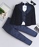 Fourfolds Velvet Full Sleeves Sequins Embellished 3 Piece Part Suit Set - Navy Blue