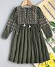 Bella Moda Cotton Three Fourth Sleeves Floral Embroidered Dress - Green