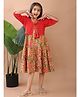 Kinder Kids Cotton Floral Printed Dress With Three Fourth Sleeves schiffli Embroidered Jacket - Green & Red