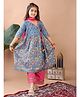 Kinder Kids Cotton Three Fourth Sleeves Floral Printed Angrakha Style Kurta With Palazzo & Dupatta Set - Blue & Pink