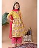 Kinder Kids Cotton Three Fourth Sleeves Floral Printed Angrakha Style Kurta With Palazzo & Dupatta Set - Yellow & Pink