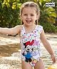 Babyhug Disney Sleeveless V Cut Swimsuit With Minnie Mouse And Family Print & Bow Applique - White
