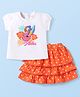 Babyhug Single Jersey Knit Half Sleeves Top & Skirt Set with Bird & Polka Dots Print Bow Applique - Orange & White