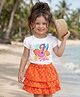 Babyhug Single Jersey Knit Half Sleeves Top & Skirt Set with Bird & Polka Dots Print Bow Applique - Orange & White