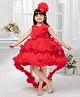 Lagorii Net Sleeveless Floral Applique & Ruffle Detailed Sequins Embellished High Low Dress With Hedband - Red
