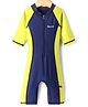 Rovars Lycra Half Raglan Sleeves Solid Color Legged Swimsuit - Navy Blue & Lemon Yellow