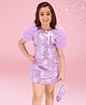 Cutecumber Half Frill Sleeves Floral Embroidered Sequins Embellished Dress With Bag - Purple