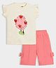 Mi Arcus 100% Cotton Frill Sleeves Strawberries Embroidered Top With Bow Applique Detailed Capri Set - Cream & Pink