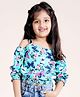 Kiddopanti Cold Shoulder Sleeves Floral & Butterfly Printed Top - Aqua Blue