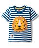 Babyhug 100% Cotton Knit Half Sleeves Striped T-Shirt with Lion Patch Detailing - Blue & White