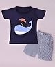 Hrit Cotton Sinker Half Sleeves Whale Printed Tee & Striped Shorts Set - Navy Blue