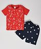 Hrit Cotton Sinker Half Sleeves Skateboard & Stars Printed Tee & Shorts Set - Red & Navy Blue