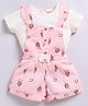 Snuggly MONKEY Single Jersey Sun Printed Bow Applique Detailed Dungaree With Half Sleeves Top - Peach & Off White