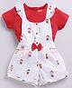 Snuggly MONKEY Single Jersey Bears Printed Bow Applique Detailed Dungaree With Half Sleeves Top - White & Red