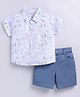 Snuggly MONKEY Poplin Half Sleeves Jungle Theme Printed Shirt & Shorts Set - White & Blue