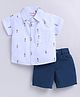 Snuggly MONKEY Poplin Half Sleeves Striped & Bears Printed Shirt With Shorts Set - White & Blue