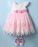 Bluebell Net Woven Sleeveless Party Frock & Booties with Lace Detailing & Floral Applique - Pink & White