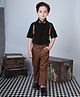 BAD BOYS Cotton Full Sleeves Abstract Embroidered Shirt Pant With Suspender Bow & Cap Set - Brown