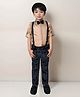 BAD BOYS Satin Full Sleeves Abstract Printed Shirt With Striped Pant Suspender Cap & Bow Set - Khaki