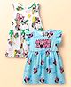 Babyhug Disney Single Jersey Knit Frill Sleeves Frocks with Minnie Mouse Family Graphics Pack of 2 - Light Blue & White
