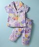 Smarty Girls Sinker Knit Half Sleeves Front Open Co-ords Night Suit with Floral & Hearts Print - Pink