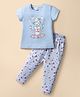 Smarty Girls Sinker Knit Half Sleeves Night Suit With Floral Print - Sky Blue