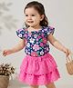 Babyhug Single Jersey Knit Half Sleeves Top & Schiffli Skirt Set With Floral Print - Navy Blue & Pink