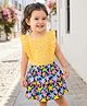 Babyhug Single Jersey Knit Frill Sleeves Schiffli Top & Skirt Set with Floral Print - Yellow & Navy Blue