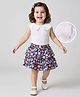 Babyhug Rib Sleeveless Schiffli Peter Pan Collar Top & Skirt Set With Floral Print & Bow Applique - White & Navy Blue