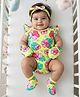 Babyhug 100% Cotton Knit Half Sleeves Onesies with Hairband & Mittens Booties with Floral Print - Yellow