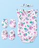 Babyhug 100% Cotton Knit Half Sleeves Floral Printed Onesie with Hairband & Mittens Booties - White