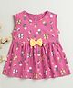BUMZEE Cotton Knit Sleeveless Floral Printed Frock with Bow Applique - Pink