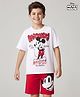 HoneyHap Disney Half Sleeves Oversize Drop Shoulder T-Shirt and Shorts Set with Mickey Mouse Graphics - Red & White