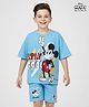 Honeyhap Disney 100% Cotton Half Sleeve Oversize Drop Shoulder T-Shirt & Shorts With Mickey Mouse Graphics And Badge Detailing - Blue