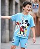 Honeyhap Disney 100% Cotton Half Sleeve Oversized Drop Shoulder T-Shirt & Shorts With Mickey Mouse Graphics And Badge Detailing - Blue