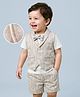 Mark & Mia Cotton Woven Half Sleeves T-Shirt With Attached Bow Textured Waist Coat & Shorts with Text Design - Cream & White